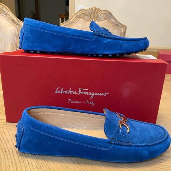 ❤️ Authentic Salvatore Ferragamo Blue Suede Loafers size 38 1/2 New in Box - Picture 6 of 9